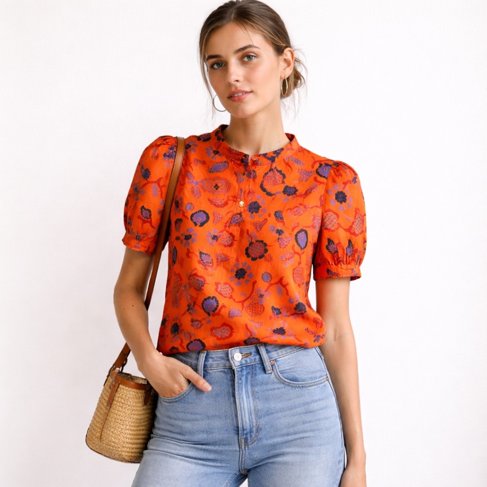Tara Jarmon Paris Orange Floral Puff Sleeve Cotton Blouse FR‎ 36 US 4 Chic Top